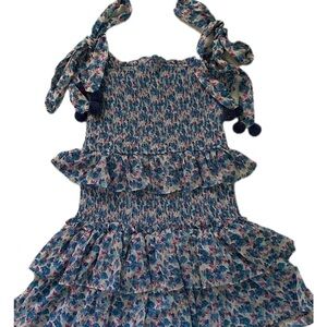 TCEC Blue Floral Smocked dress with Pom Pom tie sleeves